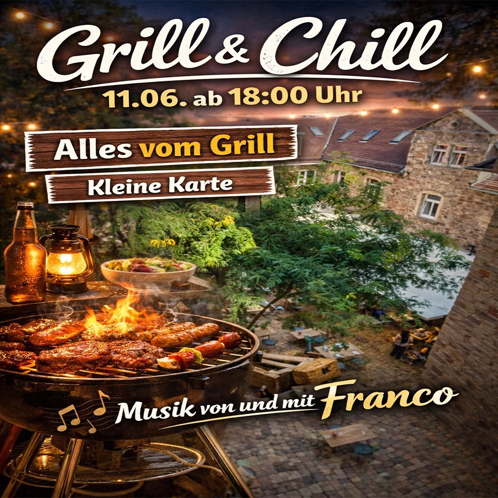 Plakat „Grill & Chill“ mit Feuerstelle und Datum