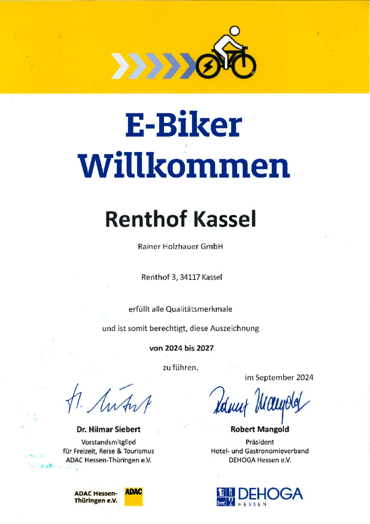 Willkommensflyеr für E-Biker am Rentshof Kassel mit Kontaktdaten und Serviceinformationen
