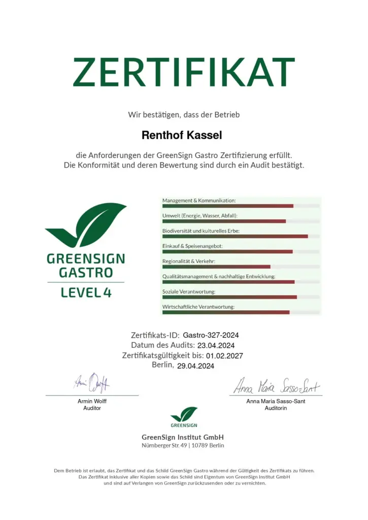 Zertifikat „GreenSign Gastro“ mit Bewertungsskala