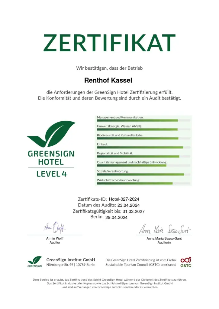 Zertifikat „GreenSign Hotel“ mit Nachhaltigkeitsbewertung